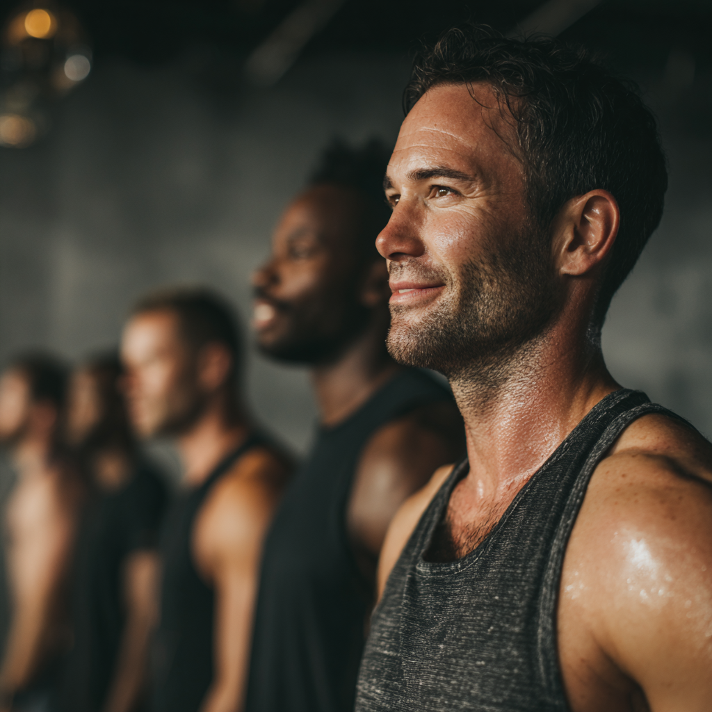 Diverse group of men engaged in functional training and mental development exercises in modern fitness environment