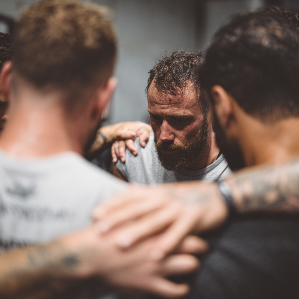 Group of motivated men supporting each other during training session, demonstrating brotherhood and mutual development